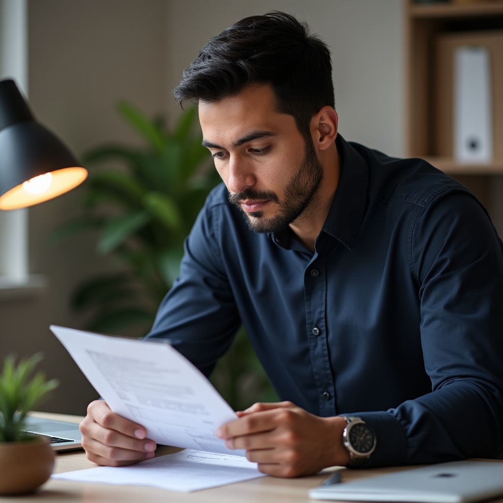 Health professional reviewing financial assessment documents at a clean organized desk