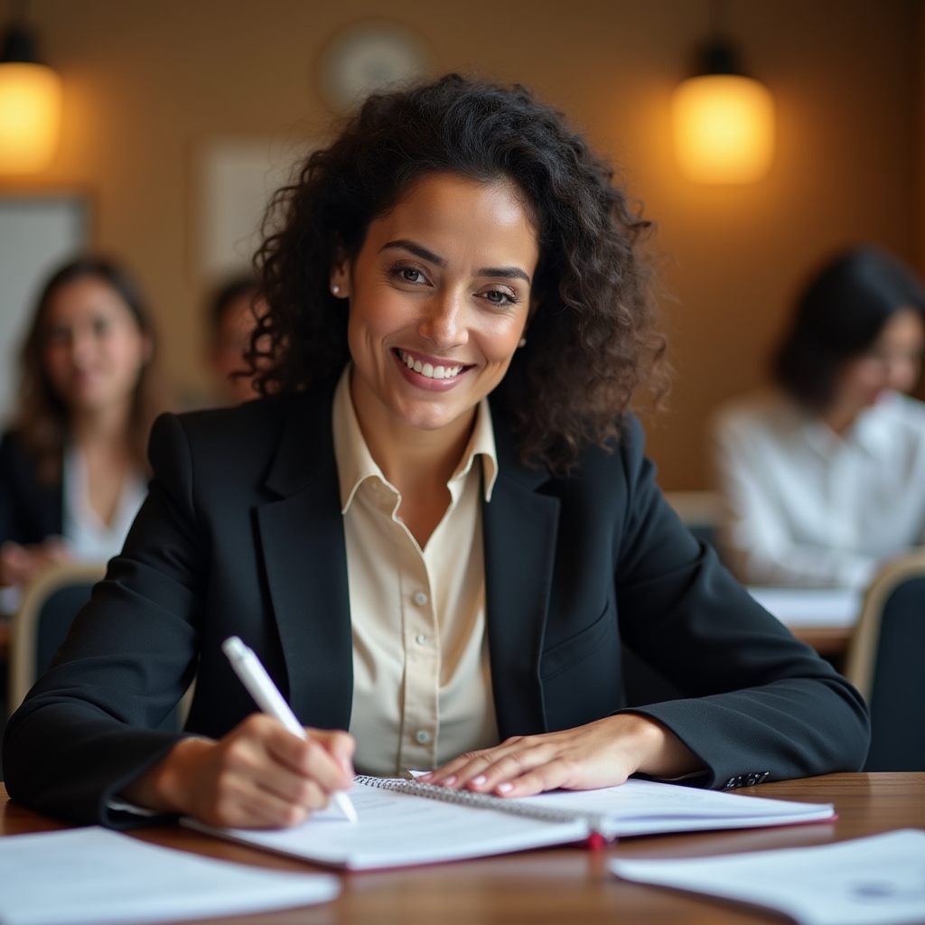 Small group of health professionals participating in a finance training workshop with printed materials