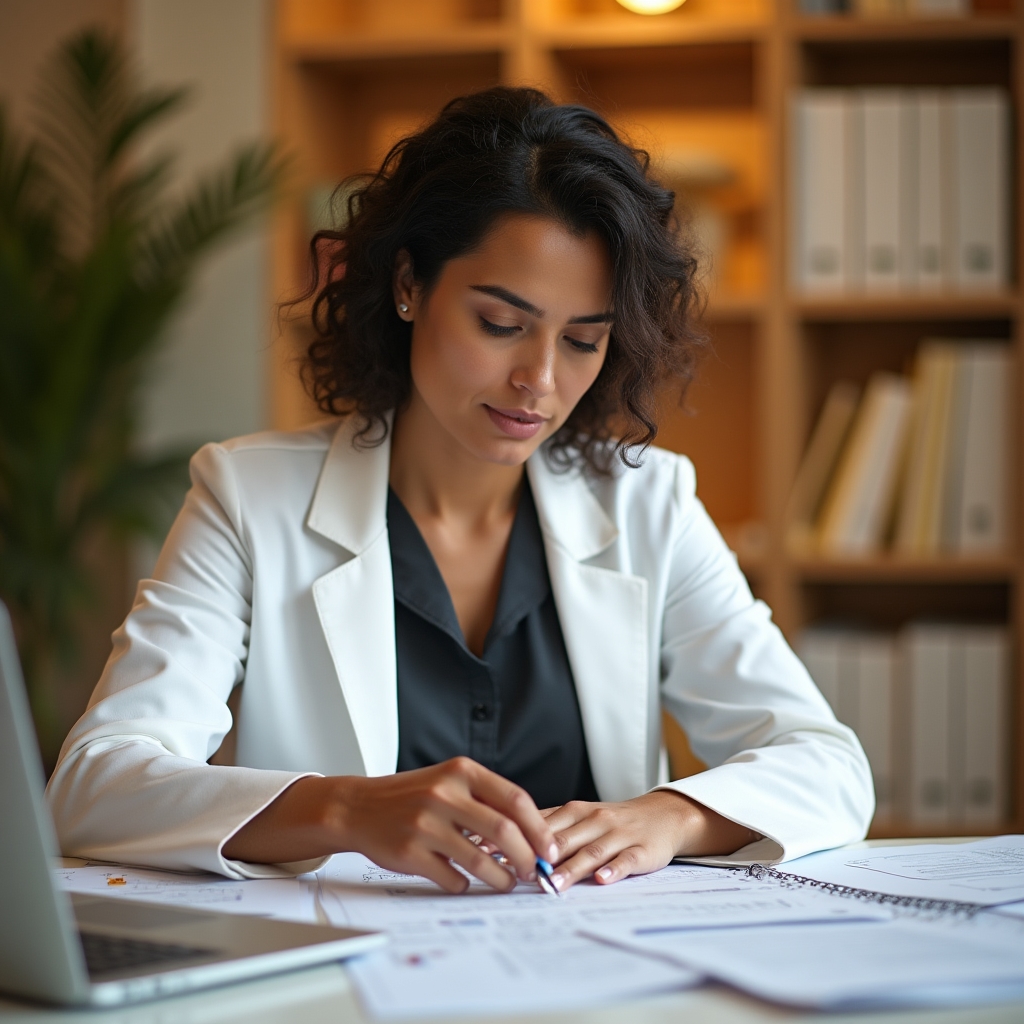 Health professional reviewing financial documents at a modern desk